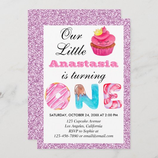 Little Cupcake Roze Lila Glitter 1st Birthday One Kaart (Voorkant / Achterkant)