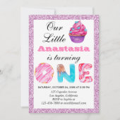 Little Cupcake Roze Lila Glitter 1st Birthday One Kaart (Voorkant)