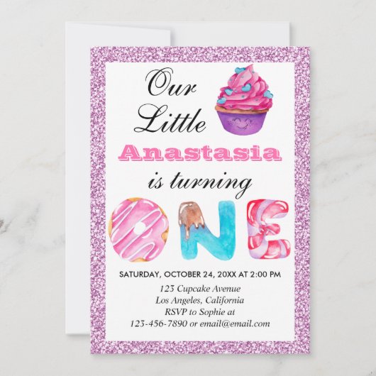 Little Cupcake Roze Lila Glitter 1st Birthday One Kaart (Voorkant)