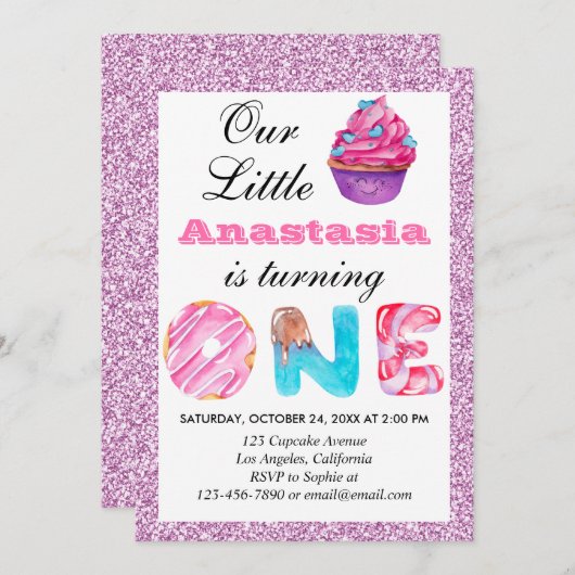 Little Cupcake Roze Lila Glitter 1st Birthday One Kaart (Voorkant / Achterkant)