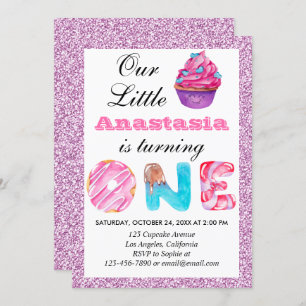 Little Cupcake Roze Lila Glitter 1st Birthday One Kaart
