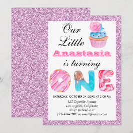 Little Cupcake Roze Lila Glitter 1st Birthday One Kaart