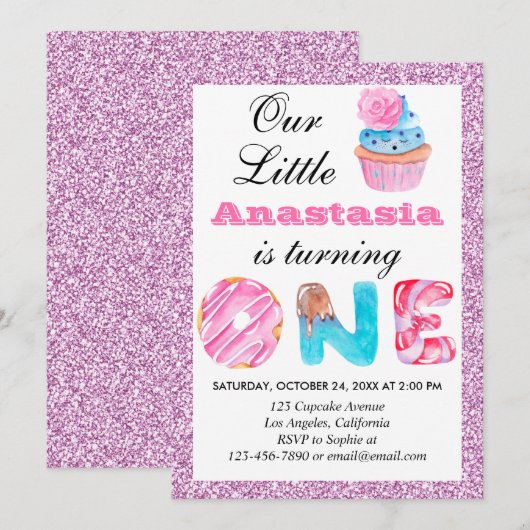 Little Cupcake Roze Lila Glitter 1st Birthday One Kaart (Voorkant / Achterkant)