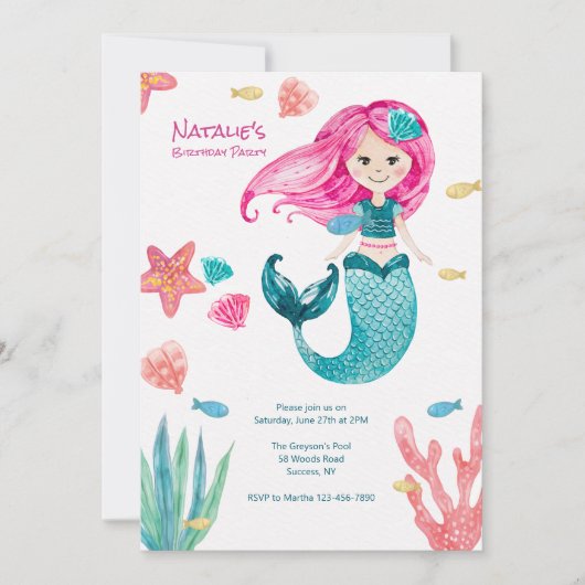 Little Cute Mermaid Birthday Party Invitation Kaart (Voorkant)