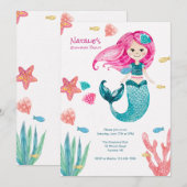 Little Cute Mermaid Birthday Party Invitation Kaart (Voorkant / Achterkant)