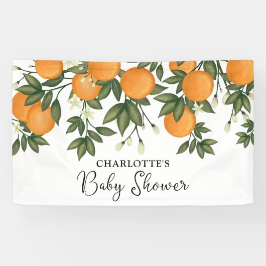 Little Cutie Baby shower Citrus Oranje Greenery Spandoek (Horizontaal)