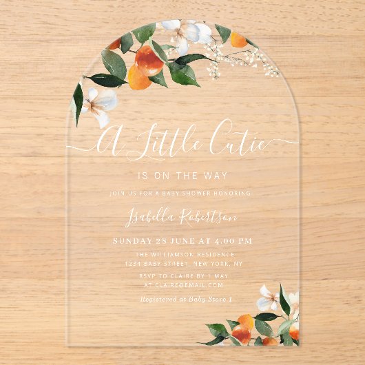 LITTLE CUTIE | baby shower sinaasappels van citrus Acryl Uitnodigingen (Voorkant)