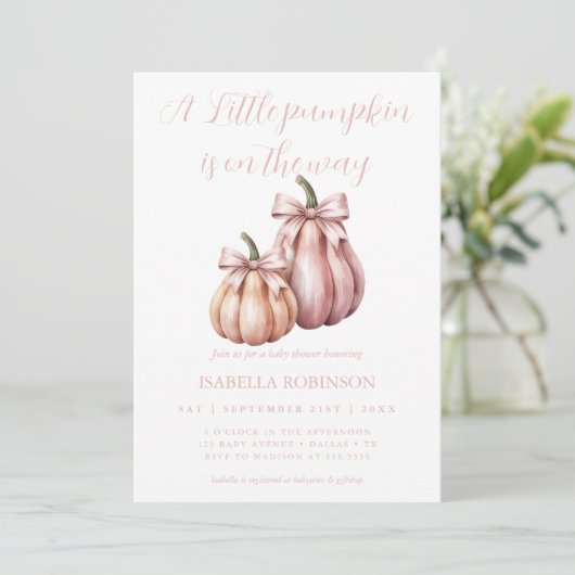 Little Cutie Bow Pink Pumpkin meisje Baby shower Kaart (Staand voorkant)