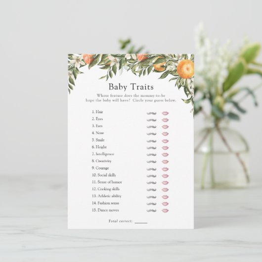 Little Cutie Citrus Baby Traits Shower Spel Kaart (Staand voorkant)