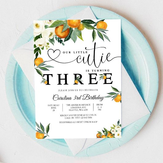 Little Cutie Citrus Birthday Invitation Kaart