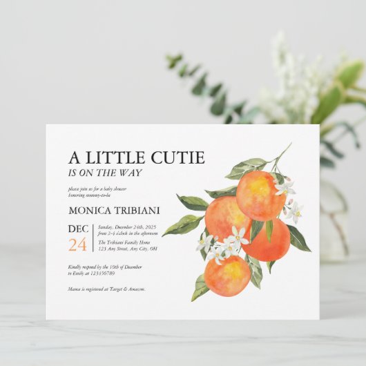 Little Cutie Citrus Botanical Modern Baby shower Kaart (Staand voorkant)