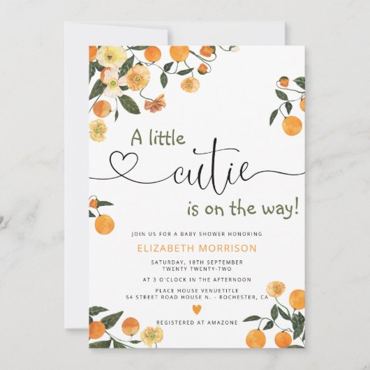 Little Cutie Citrus Botanical Oranje Baby shower Kaart (Voorkant)