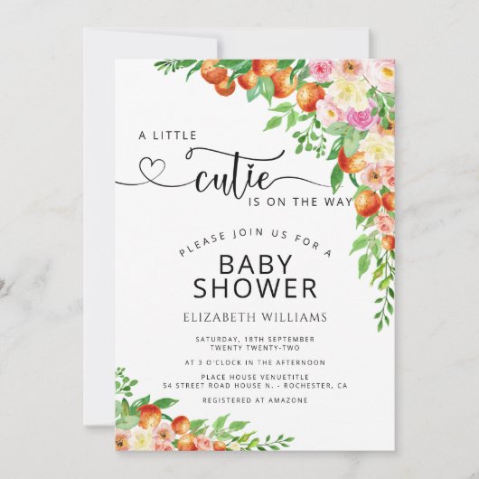 Little Cutie Citrus Botanical Oranje Baby shower Kaart (Voorkant)