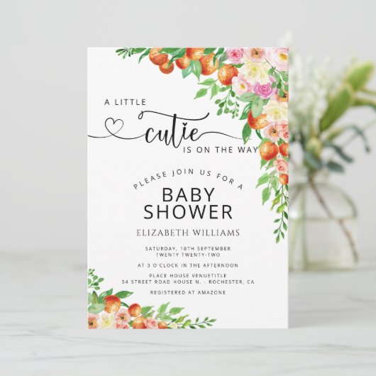 Little Cutie Citrus Botanical Oranje Baby shower Kaart (Staand voorkant)