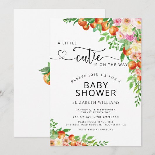 Little Cutie Citrus Botanical Oranje Baby shower Kaart (Voorkant / Achterkant)