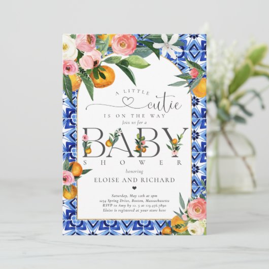 Little Cutie Citrus Botanical Oranje Baby shower Kaart (Staand voorkant)