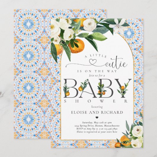 Little Cutie Citrus Botanical Oranje Baby shower Kaart (Voorkant / Achterkant)