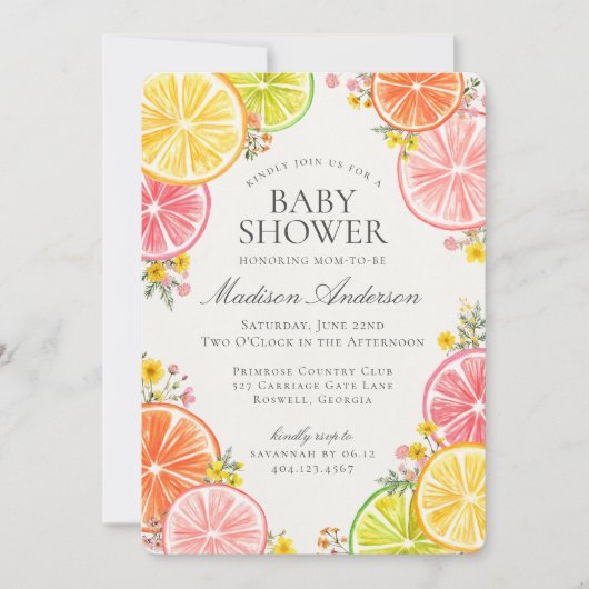 Little Cutie Citrus Floral Oranje Baby shower Kaart (Voorkant)