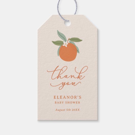Little Cutie Citrus Sinaasappels Baby shower Cadeaulabel (Voorkant)