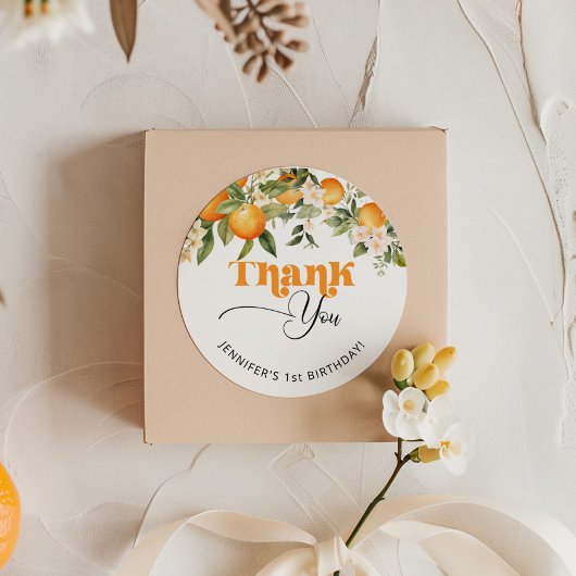 Little cutie citrus sinaasappels birthday dank u ronde sticker