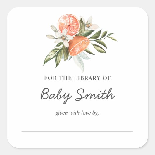 Little Cutie Clementine Baby shower Bookplaat Vierkante Sticker (Voorkant)