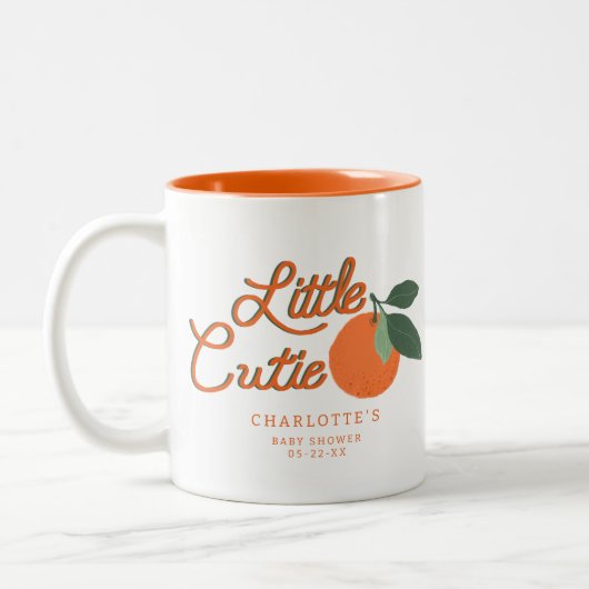 Little Cutie Clementine Baby shower ten gunste van Tweekleurige Koffiemok (Links)