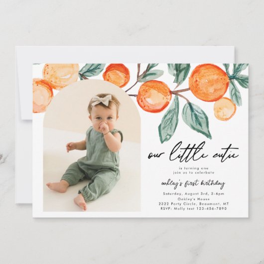 Little Cutie Clementine Foto Verjaardag Uitnodigin Kaart (Voorkant)