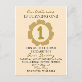 Little Cutie Goud Bloem 1e Verjaardagsuitnodiging Briefkaart