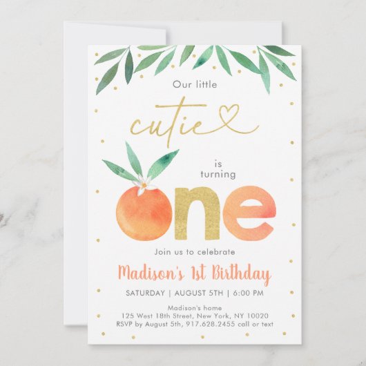 Little Cutie Greenery Gold First Birthday Kaart (Voorkant)