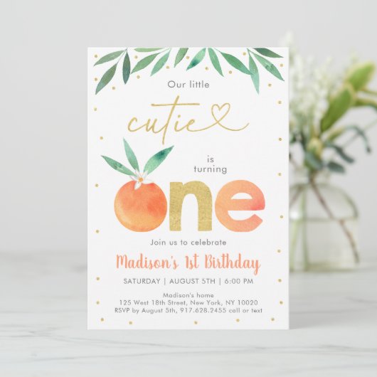 Little Cutie Greenery Gold First Birthday Kaart (Staand voorkant)