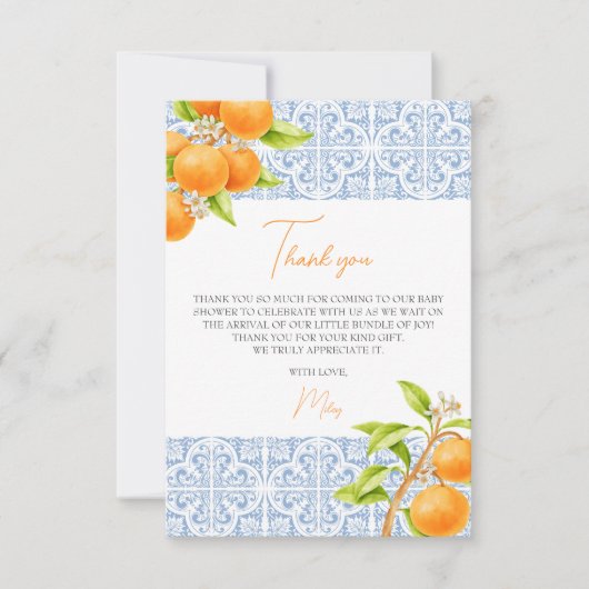 Little Cutie Mediterraans Tegel Oranje Baby shower Bedankkaart (Voorkant)