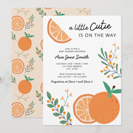 Little Cutie on Way Oranje Theme Baby shower Kaart (Voorkant / Achterkant)