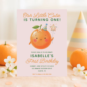 Little Cutie Orange Citrus 1e verjaardagsuitnodigi Kaart