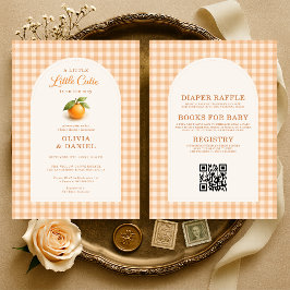 Little Cutie Orange Gingham All in One Baby Shower Kaart