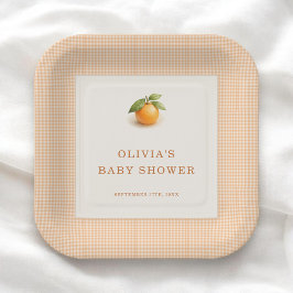 Little Cutie Orange Gingham Baby Shower Party Papieren Bordje