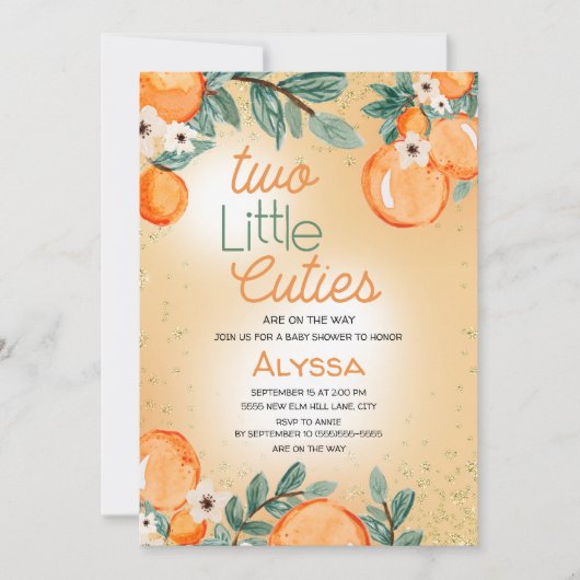 Little Cutie Orange Green Twin Baby Shower Kaart (Voorkant)