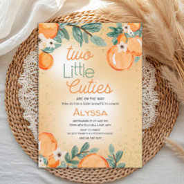 Little Cutie Orange Green Twin Baby Shower Kaart