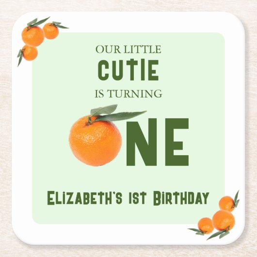 Little Cutie Oranje 1st Birthday Kartonnen Onderzetters (Voorkant)