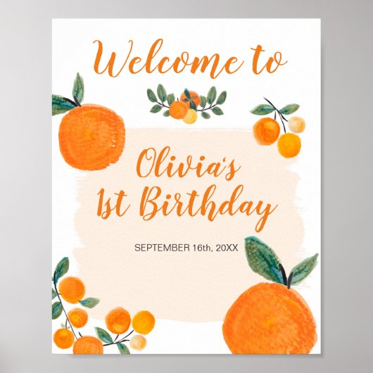 Little Cutie Oranje 1st Birthday Welkomstteken Poster (Voorkant)