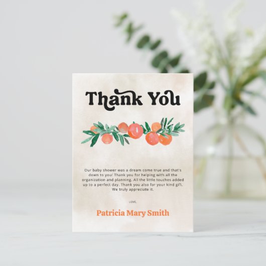 Little Cutie Oranje Baby shower Dank je Briefkaart (Staand voorkant)