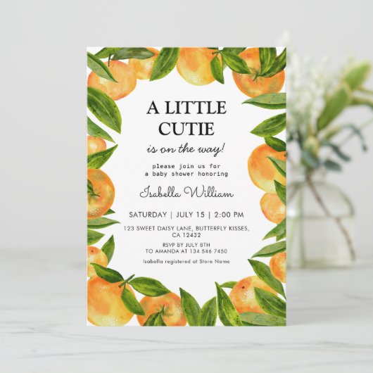 Little Cutie Oranje Baby shower Kaart (Staand voorkant)