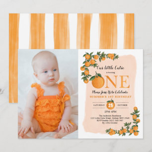 Little Cutie Oranje Citrus 1st Birthday Foto Kaart