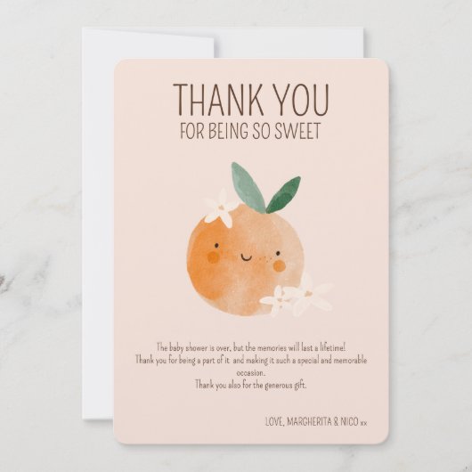 Little Cutie Oranje Citrus Botanische Baby shower Bedankkaart (Voorkant)