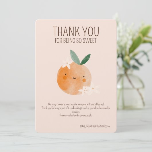 Little Cutie Oranje Citrus Botanische Baby shower Bedankkaart (Staand voorkant)