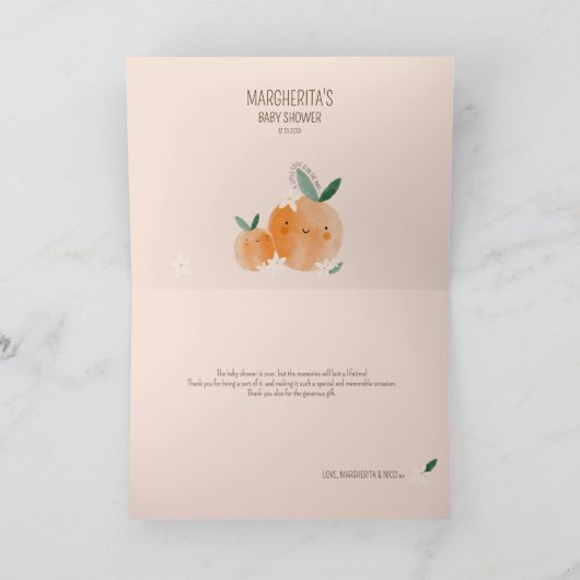 Little Cutie Oranje Citrus Botanische Baby shower Bedankkaart (Binnen)