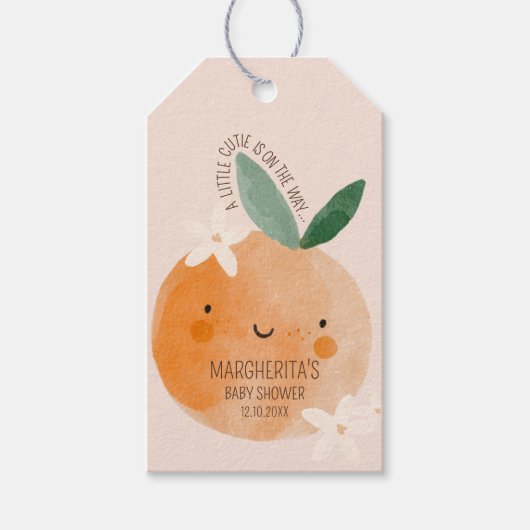Little Cutie Oranje Citrus Botanische Baby shower Cadeaulabel (Voorkant)