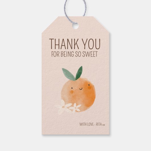 Little Cutie Oranje Citrus Botanische Baby shower Cadeaulabel (Achterkant)