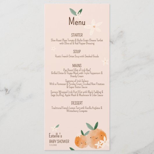 Little Cutie Oranje Citrus Botanische Baby shower Menu (Voorkant)