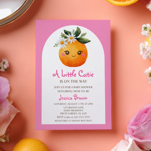 Little Cutie Oranje Citrus Pastel Roze Baby shower Kaart
