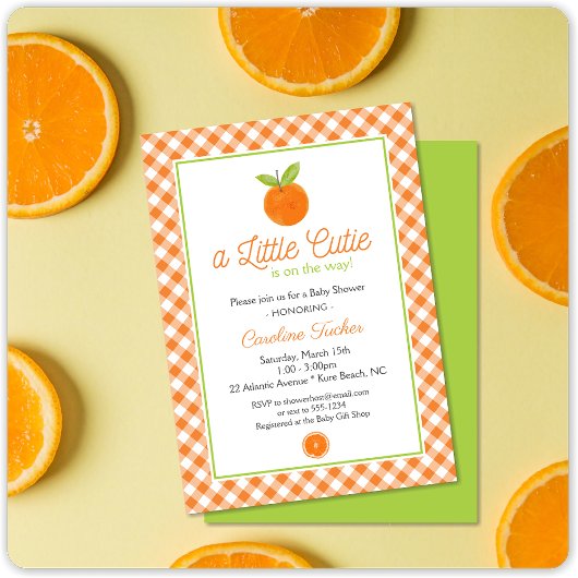 Little Cutie Oranje Clementine Gingham Baby shower Kaart